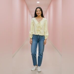 540. Puff Sleeve Bow Scalloped Edge Top Yellow